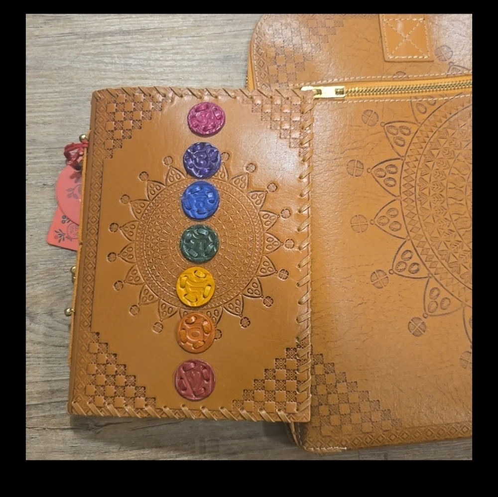 Rare Laptop Bag Chakra Embossed Tan Leather and Notepad Agenda Set